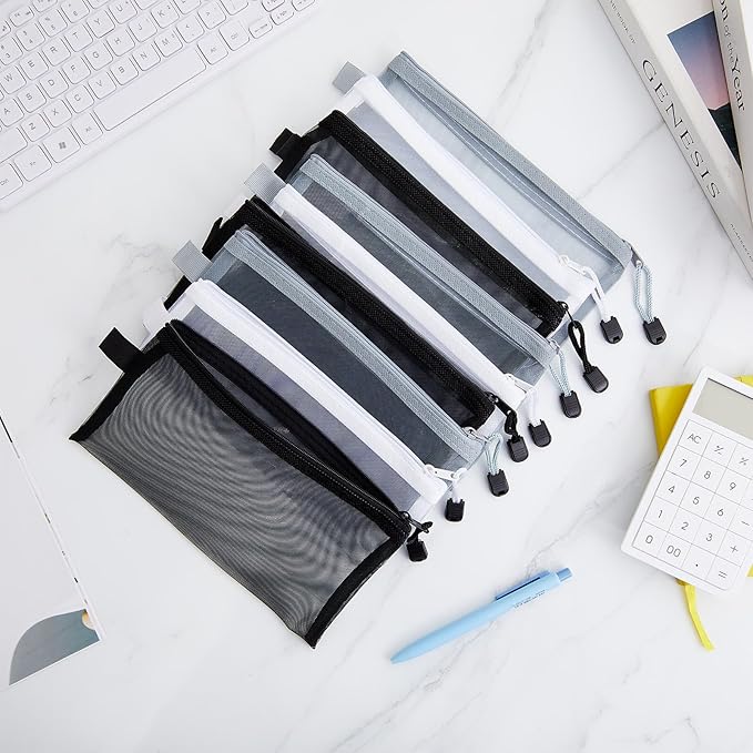 Leelosp 80 Pcs Mesh Zipper Pouch Bulk Back to School Pencil Storage Pouch Mesh Cosmetics Bags Toiletry Makeup Bags for Office Travel Organization(Black, Gray, White,9 x 4.7 Inch)