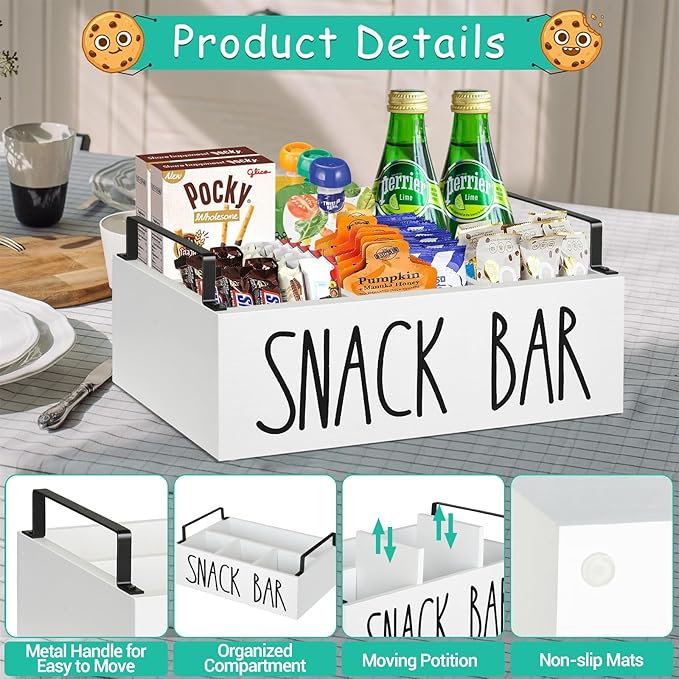 Snack Organizer for Countertop, Wood Pantry Storage Bins with Handles, Snack Bar Organizer for Pantry Shelf, Kitchen, 4 Compartment Food Container Snack Box, Pantry Organizer for Snacks, Chips(White)