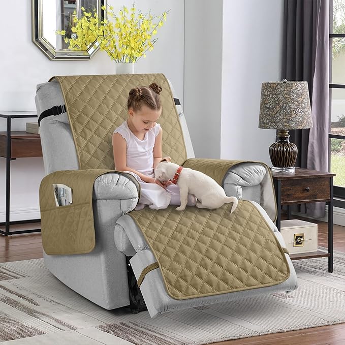 TAOCOCO 100% Waterproof Recliner Chair Cover Non-Slip Reclining Cover for Recliner Chair Washable Chair Seat Cover with Elastic Straps for Pets Sofa Slipcover with Pocket (Oversized 28'', Camel)