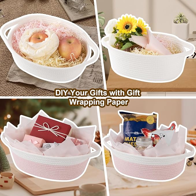 OIAHOMY Gift Basket Empty with Handle, 12"x 8"x 5" Small Woven Basket with Gift Bag, Ribbon and Wrap Tissue Paper, Dog Toy Storage for Organizing - Sky Blue & White