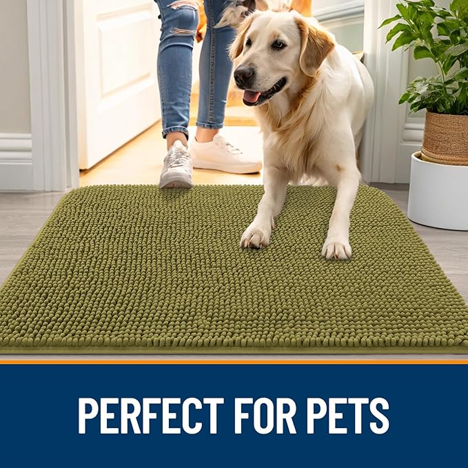 OLANLY Dog Door Mat for Muddy Paws 59x32, Absorbs Moisture and Dirt, Absorbent Non-Slip Washable Doormat, Quick Dry Chenille Mud Mat, Entry Indoor Entryway Carpet for Inside Floor, Willow Green