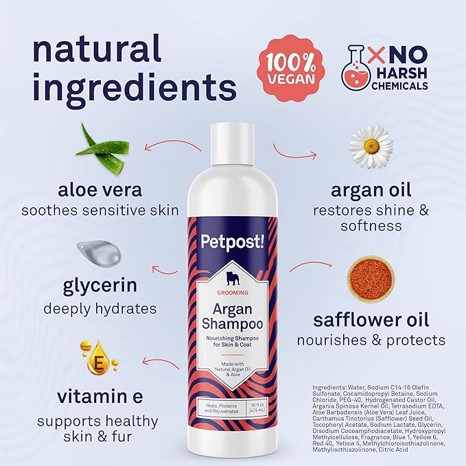Petpost | Argan Shampoo for Dogs. Dog Shampoo with Argan Oil & Aloe. Moisturizes Dry Skin, Softens Coat, Restores Shine. 16 oz