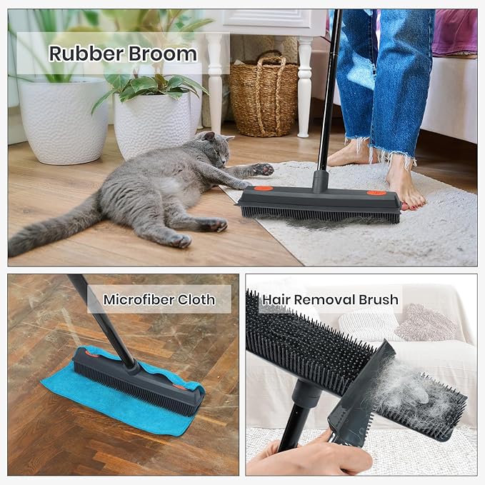 MAVRIZ Rubber Broom Carpet Rake for Pet Hair Removal - Fur Remover Broom with Squeegee for Carpet, Hardwood Floor, Tile