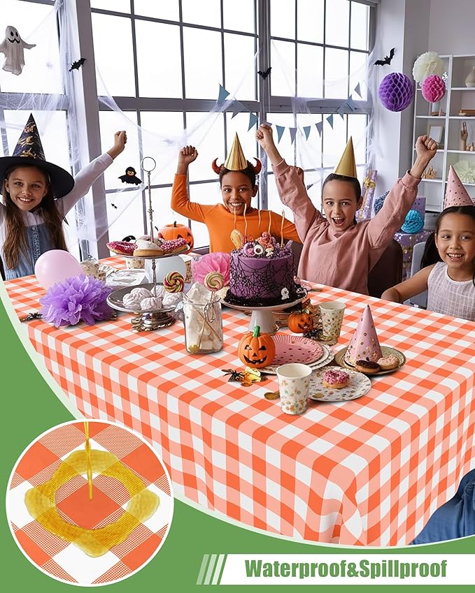 Smiry 12 Packs Gingham Disposable Table Cloth, 54 x 108 Inch Waterproof Plastic Tablecloth, Rectangle Orange and White Checkered Table Covers for Picnic, Birthday, Party