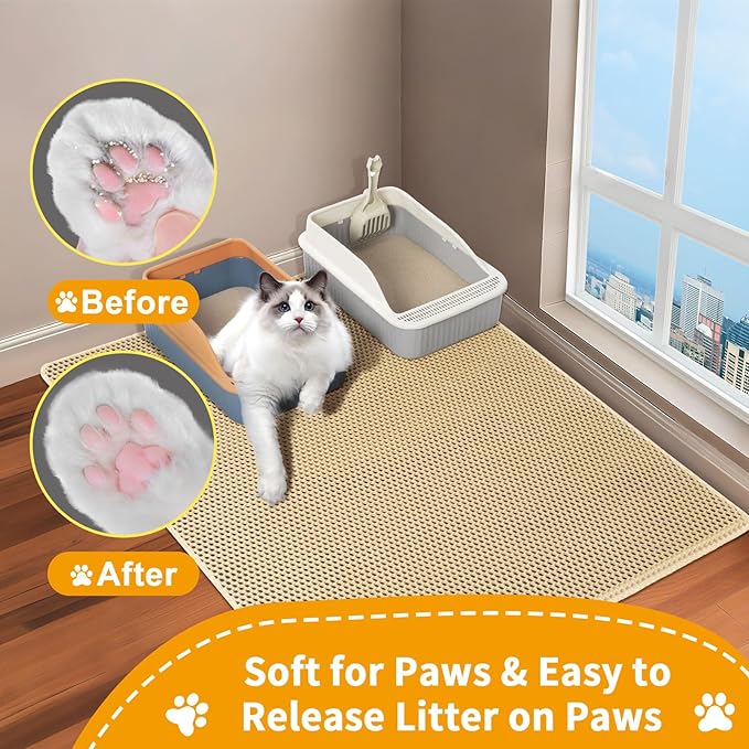 Cat Litter Mats Litter Trapping Mat, 25''x16'' Cat Litterbox Mat for Floor, 2 Layer Honeycomb Pet Litterbox Matt Catcher Rug, Waterproof Urine Proof, Non-Slip, Soft, Clean Easily, Small