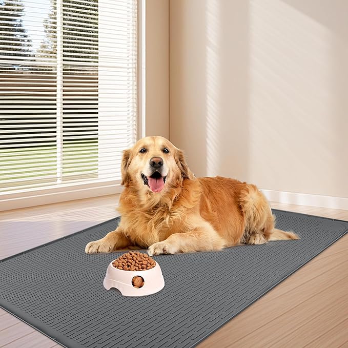 Bartuke Dog Food Mat, Extra Large 34" x 22" Silicone Pet Feeding Mat with Raised Edge Pet Placemat for Small, Medium, and Large Pets Non-Slip, Easy to Clean (Dark Grey)