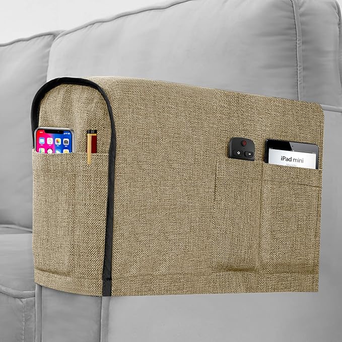 Joywell Armchair Slipcovers for Living Room Anti-Slip Sofa Arm Protector for Dogs, Cats, Pets Linen Arm Chair Slipcover for Recliner with 4 Pockets for TV Remote Control, Phone, Set of 2, Khaki