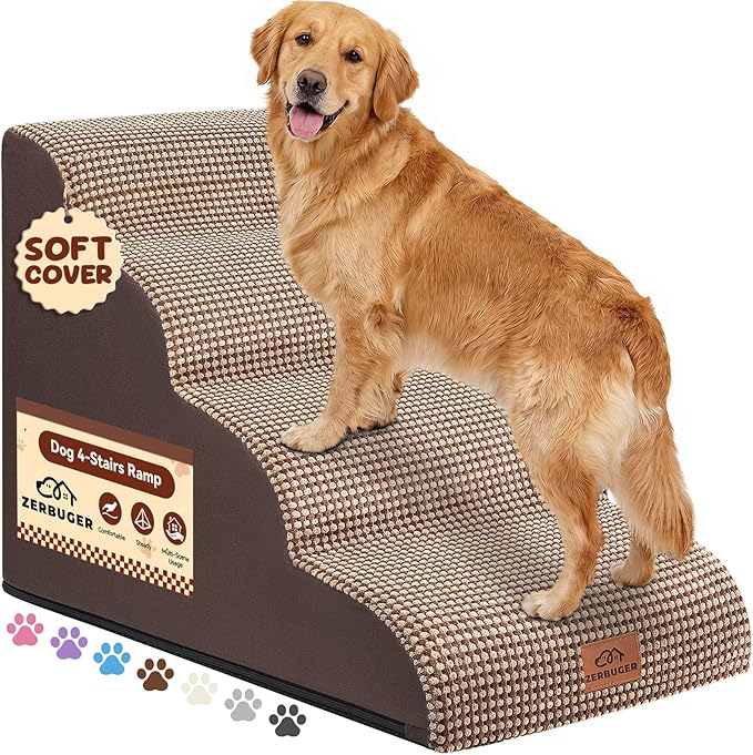 Zerbuger Dog Ramp and Stair for Bed 16" H-20 H,3-Step Cat Stair for Sofa and Chair,4-Step Dog Ramp for High Bed and Window,Durable Nonslip Fabric Cover for Indoor (Coffee-20 H, Pet Friendly, 4)
