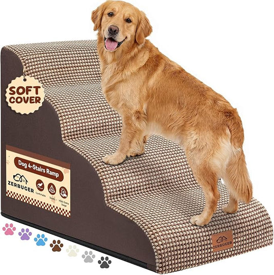 Zerbuger Dog Ramp and Stair for Bed 16" H-20 H,3-Step Cat Stair for Sofa and Chair,4-Step Dog Ramp for High Bed and Window,Durable Nonslip Fabric Cover for Indoor (Coffee-20 H, Pet Friendly, 4)