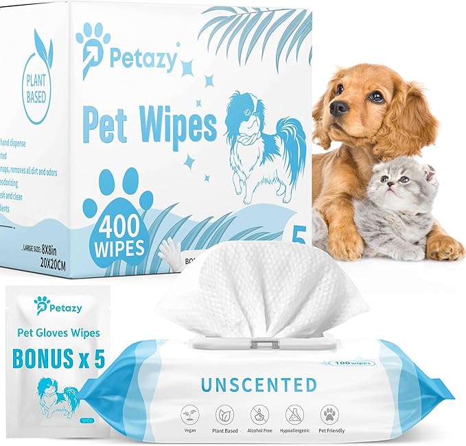 400 Dog Wipes for Paws and Butt Ears Eyes | XL 8x8 Organic Pet Wipes for Dogs | Unscented Dog Wipes Cleaning Deodorizing | Extra Thick Paw Wipes for Dogs Cats Pets | Bonus Glove Wipes Included