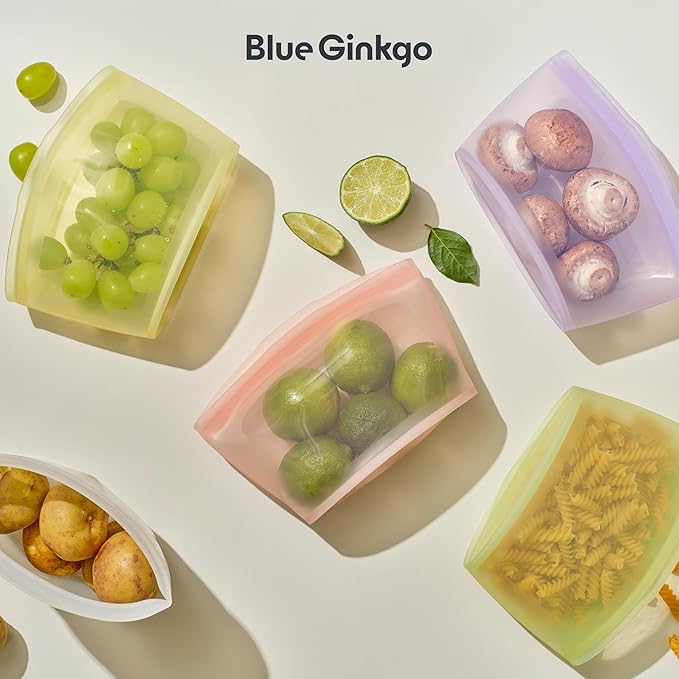 Blue Ginkgo Reusable Silicone Storage Bags – 4-Pack | Korean-Made Stand Up Food, Freezer Bags - Clear