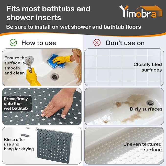 Yimobra Bathtub Mat Non Slip, 27.5"x15.5" Machine Washable Shower Floor Mat, Soft on Feet, Bathmat with Drain Holes and Suction Cups, Bathroom Essentials, Dark Grey