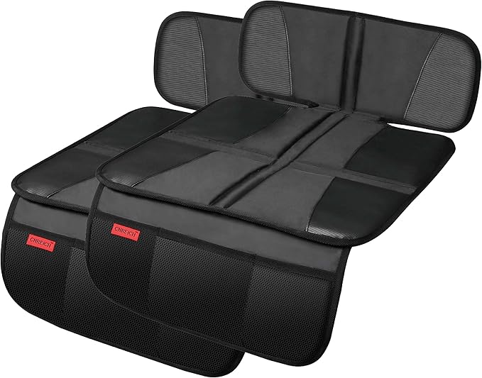 Kaiphy Car Seat Protector - Seat Protection Mat - Thick Padding - Durable, Waterproof Fabric, Leather Reinforced Corners & 3 Pockets for Handy Storage (2 Pack) Black
