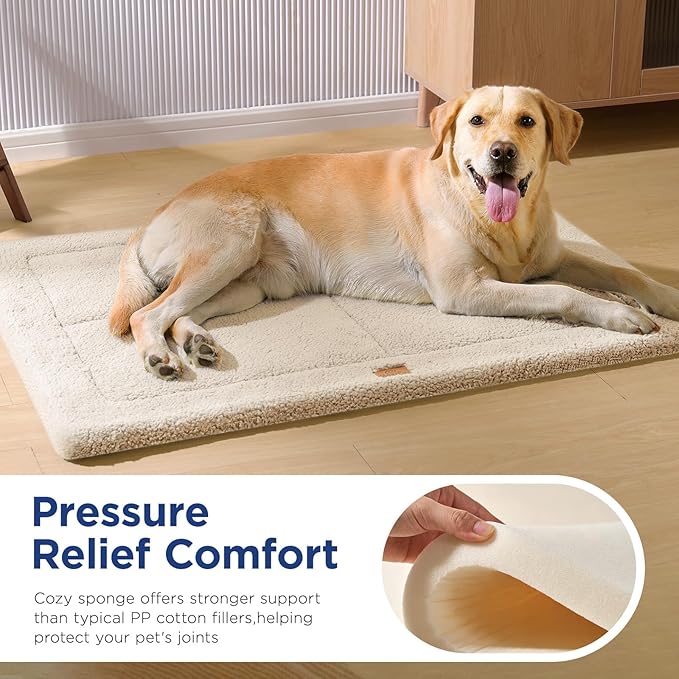 Reversible Dog Crate Pad Bed for Large Dogs,Washable & Non-Slip Kennel Pet Mat, High Density Foam and Soft Fleece Cat Bed for Indoor & Outdoor Use, 41" x 28", Cream White
