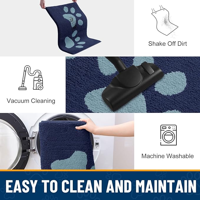 Smiry Dog Door Mat for Muddy Paws, Absorbs Moisture and Dirt, Low-Profile Entryway Mat with Non-Slip Backing, Entry Indoor Outdoor Doormat for Inside Floor (30x20 Inches, Dark Blue, Paw)