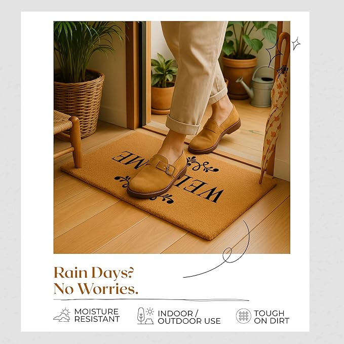 COCONIQ Coir Door Mats 17" X 30", Non-Slip Sturdy, PVC Backed Heavy Duty, Easy to Clean, Ideal for Door Entrance, Patio, Porch, Backyard, Garages, Welcome Floral Border