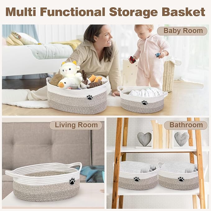 Dog Toy Easter Basket, Toy Box and Bin for Dog Cat Storage, 13.5" X 11" X 5" Small Woven Rope Basket for Baby Storage, Closet, Living Room, White & Brown