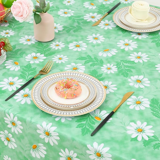 misaya Rectangle Waterproof Vinyl Table Cloth, Wipeable Tablecloth with Flannel Backing, Plastic Table Cover for Dinner, Picnic, Indoor and Outdoor (Green Daisy, 60" x 120")