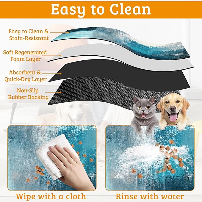 Pet Feeding Mat,Art Painting Absorbent Dog Cat Food Mat Grey Blue Dog Mat with Rubber Backing,Non-Slip Water Bowl Placemat,Pet Supplies 12" x 20"