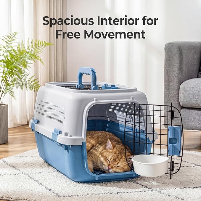 NEWBULIG 23" Hard-Sided Dog Carrier, Plastic Cat & Dog Crate, 4-Sided Ventilation Travel Pet Kennel, Top & Front Door Access, Integrated Food Bowl, for Small Pets up to 22 lbs, Blue