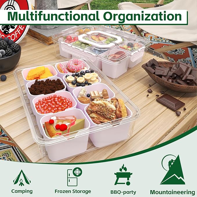 REBECAT Divided Serving Tray with Lid and Handles 8 Compartments Snack Box Container Charcuterie Organizer Snackle Box Container for Candy,Nuts，Fruits,Snacks,3 Pack,Pink