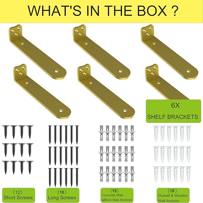 Floating Shelf Bracket, 8 Inch 6PACK Gold Heavy Duty Shelf Bracket,Hidden Shelf Brackets 1/5 in Thick,L Brackets Support for Shelves,Suitable for Kitchen,Study Or DIY,Holds Over 160lb+