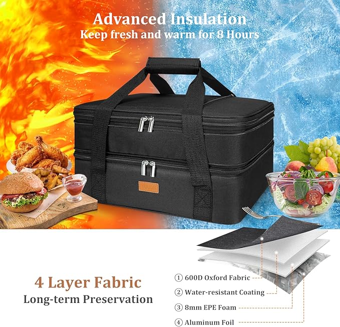 Vuudh Expandable Casserole Carrier Bag - Double Decker Food Bag, Insulated Casserole Carrier for Hot or Cold Food, Lasagna Holder Tote for Picnics,Beaches,Traveling or Gifts