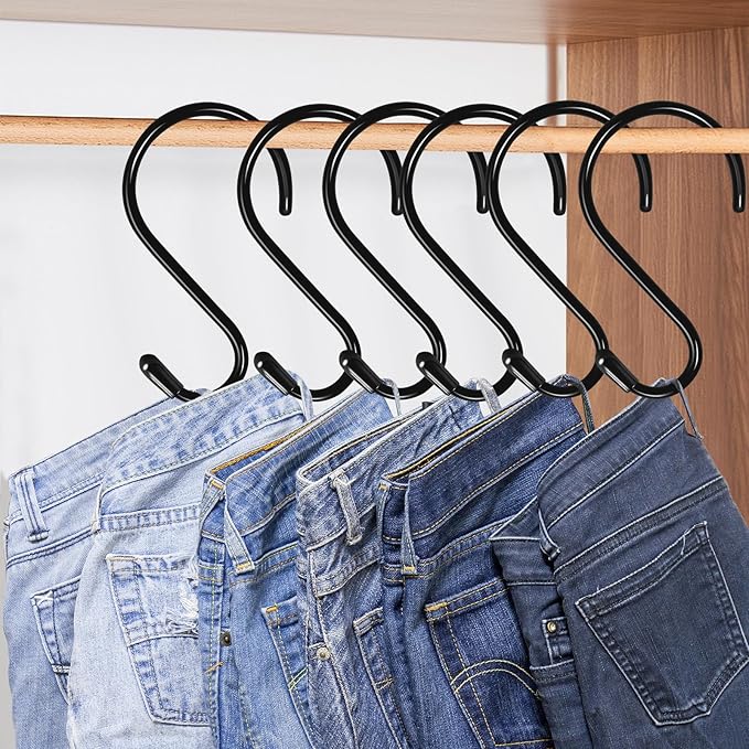 6 Pack 5 Inch S Hooks: Heavy Duty, Non-Slip, Vinyl Coated, Black Metal Steel with Vinyl Coated Surface, S-Shape, Classic Style, Ideal for Kitchen, Closet, Bathroom, Garage, Outdoor