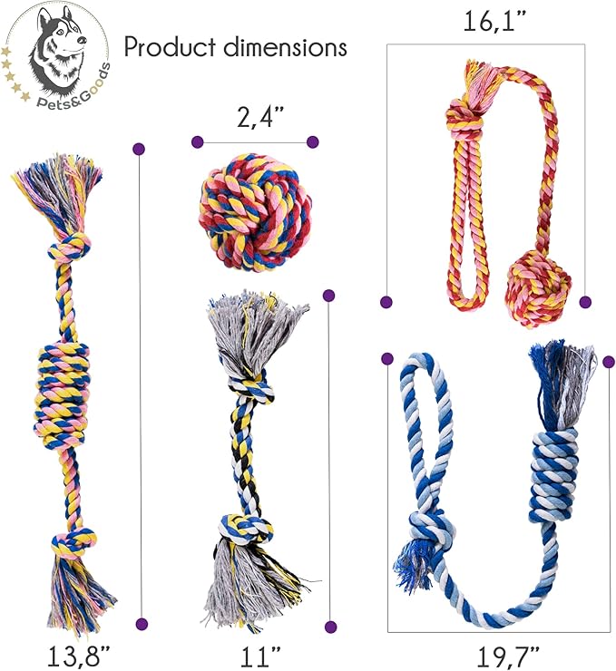Pets&Goods Dog Rope Chew Toys – 5-Pack Durable Cotton Tug Toys for Puppies & Small/Medium Dogs – Dental Cleaning, Teething Relief, Washable & Safe Play