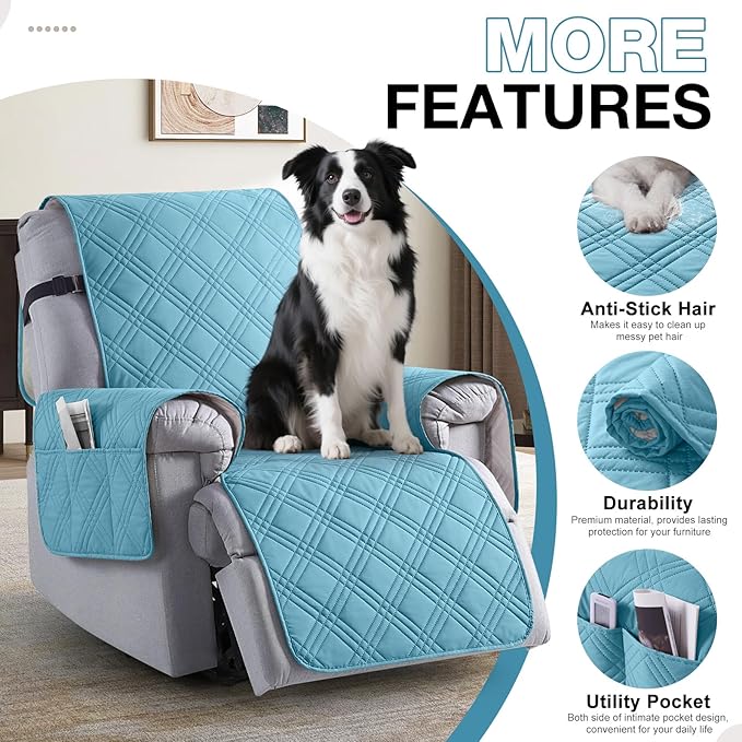 TAOCOCO 100% Waterproof Recliner Chair Cover, Small Recliner Covers for Recliner Chair with Pocket, Non Slip Reclining Chair Cover Furniture Protector for Kids, Pets(20'', Sky Blue)
