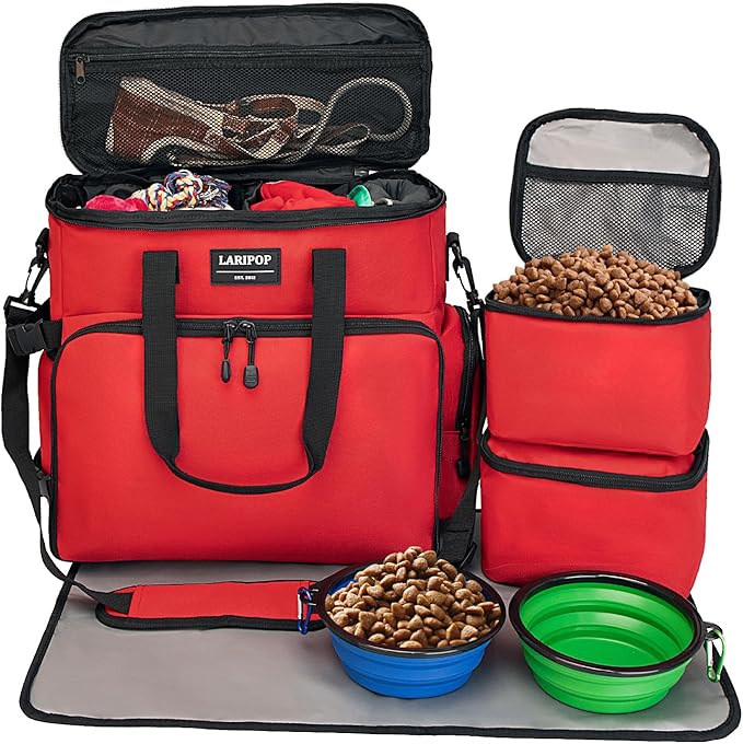 LARIPOP Dog Travel Bag, Pet Travel Bag (All Pet Travel Supplies), Include 2 Collapsible Bowls, 2 Dog Food Storage Containers and 1 Feeding Mat, Essential Kits for Pet Travel Red