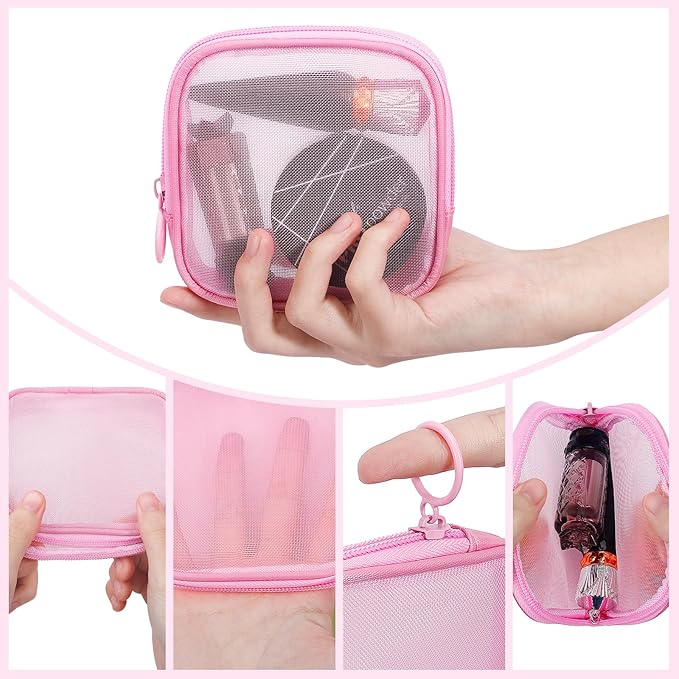 4 Pieces Mini Zipper Nylon Mesh Pouch, Mesh Cosmetic Bags Makeup Bags, Multipurpose Travel Toiletry Bags for Office Supplies and Travel Accessories (Black, S)
