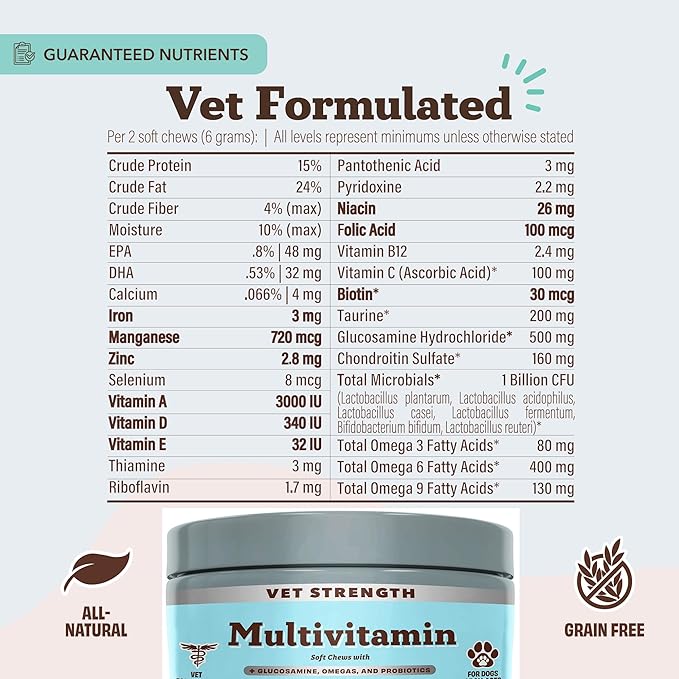 Natural Dog Company Vet Strength Multivitamin for Dogs – 90 High-Potency Soft Chews with Glucosamine, Chondroitin, Probiotics & Omegas – Supports Joints, Skin, Coat, Digestion, Immune & Heart Health