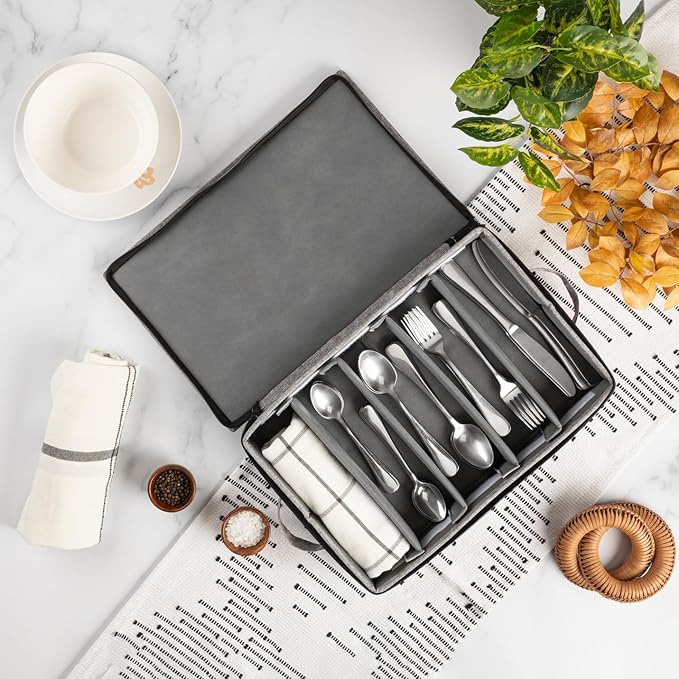 Flatware Storage Case with 5 Adjustable Compartments - Tableware Utensil Chest with Carrying Handles - Protects and Organizes Cutlery and Silverware - Hard Shell and Stackable