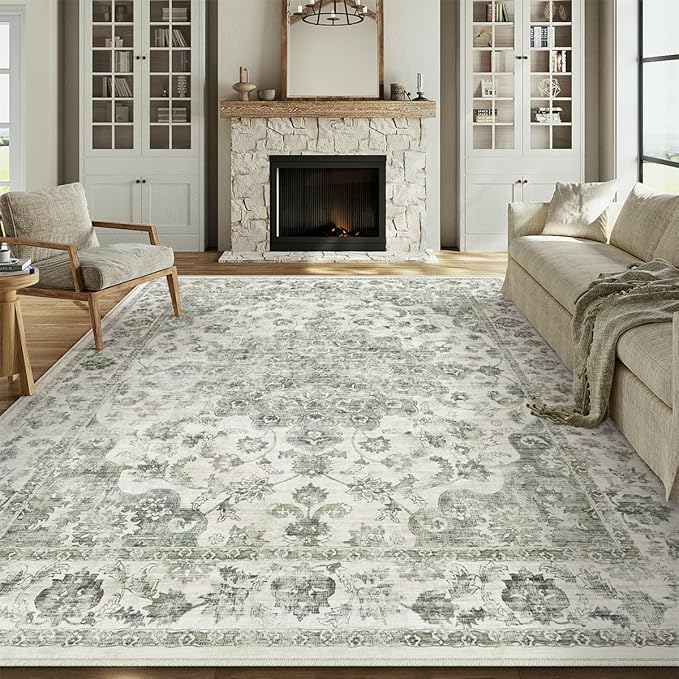 8x10 Washable Neutral Area Rug Green Vintage Living Room Bedroom Carpet Non-Slip Soft Low Pile Farmhouse Indoor Large Throw Rug for Dining Room Office
