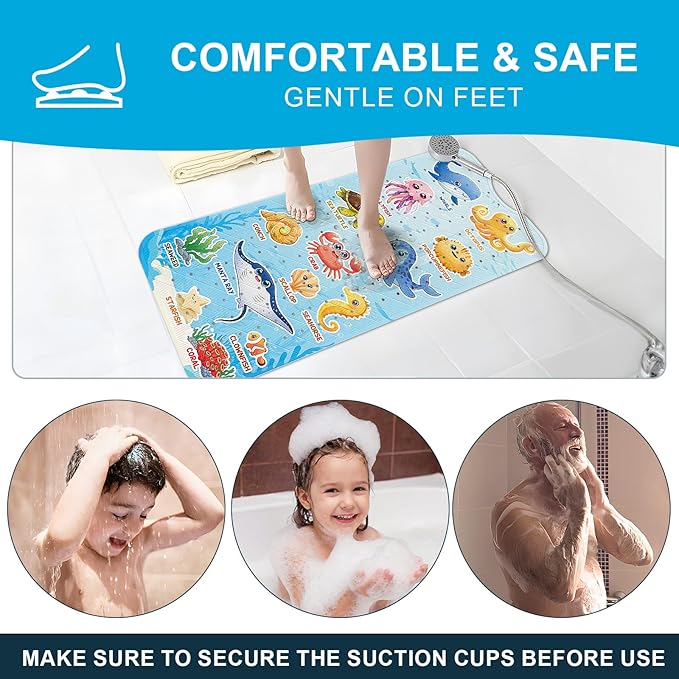 XIYUNTE Baby Bath Mat for Tub Non Slip Kids Bath Mat - 40"x16" Extra Long Bathtub Mat Non Slip Kids, Eco-Friendly Toddler Bath Mats with Suction Cups for Secure Grip, Easy to Clean & Easy Drying