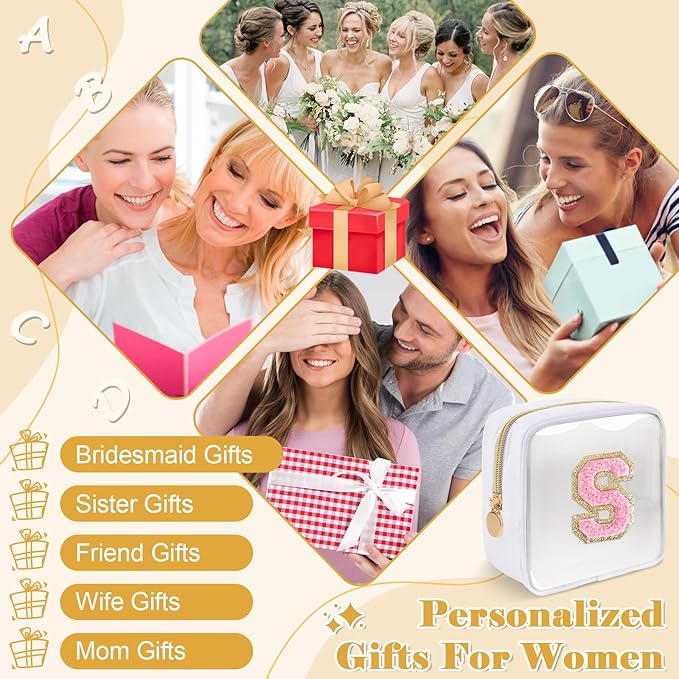 Personalized Initial Letter Clear Preppy Makeup Bag,Mini Nylon Chenille Letter Cosmetic Bag Cute Zipper Pouch Purse for Teen Girls,Portable TSA Approved Beach Travel Essentials Bag Gift for Women,S