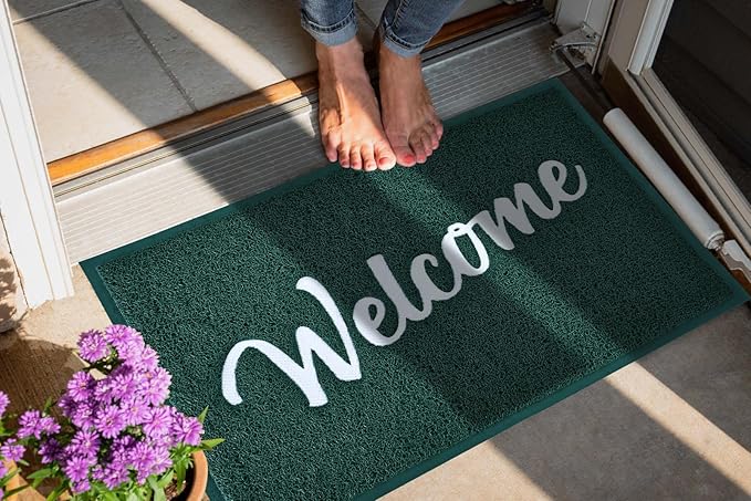 T.HENV Welcome Mat Outdoor Indoor, 36x24, Green-White, Waterproof, Non Slip, Easy Clean