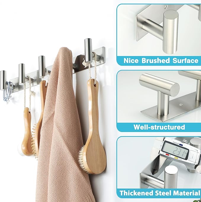 Alise Towel Hooks Towel Robe Coat Hook Rail with 5 Hooks Wall Mount Key Hooks for Coat Hat Towel Purse Robes Bathroom,SUS304 Stainless Steel Wall Hooks Self Adhesive and Drilling,Brushed