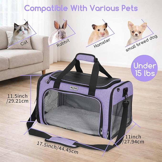 Pet Carrier for Cats & Small Dogs, Travel Carrier with Anti-Collapse Support, Chew Resistant Buckles, Luggage Sleeve, Multi-Pocket Storage, Reversible Mat & Bowl (Purple, Medium (17.5"x11"x11.5"))