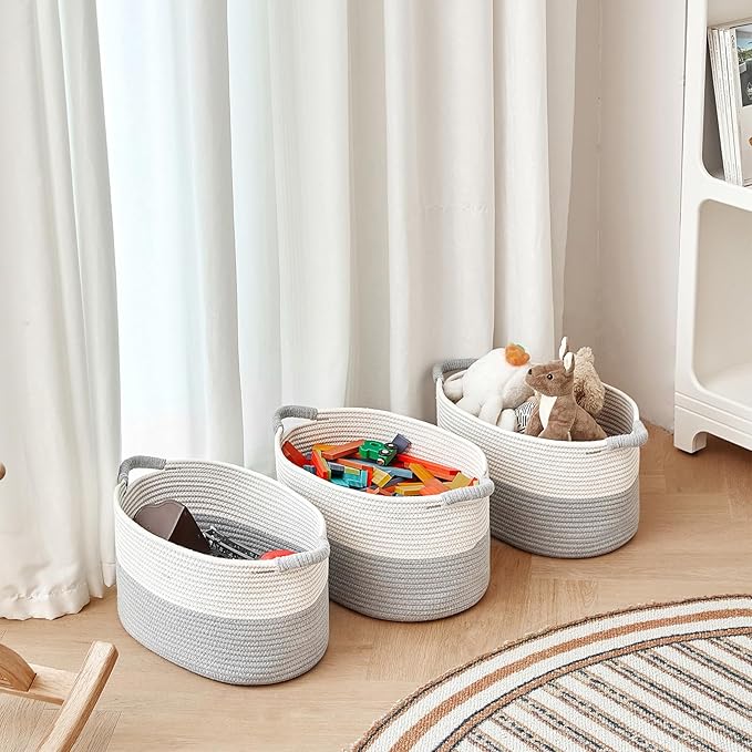 Storage Baskets for Organizing | 15"x10.2"x9.1" - 1 Pack Nursery Bin with Handles - Woven Cotton Rope Baskets for Dog Toys, Books, Shelf, Bathroom,Closet -Stylish Storage |White & Grey