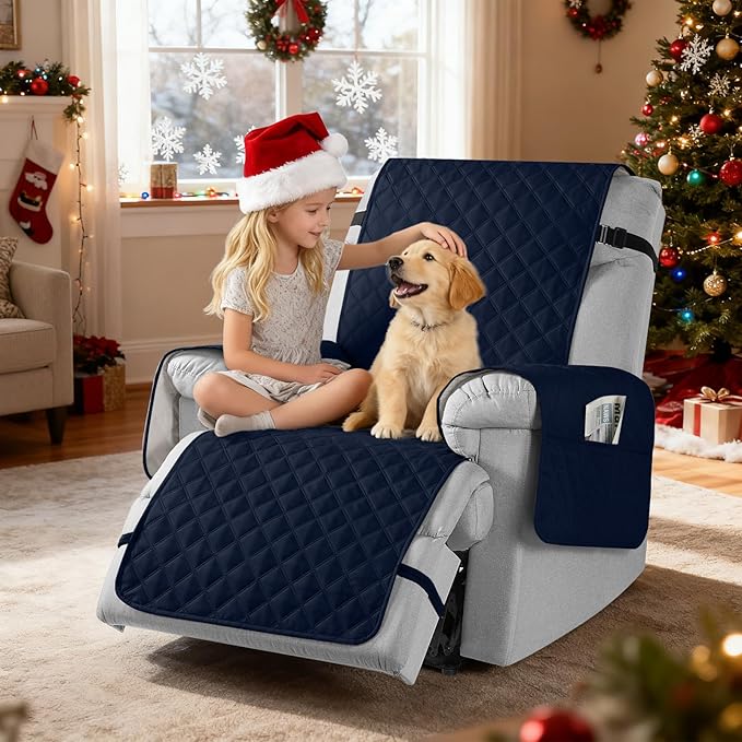 TAOCOCO 100% Waterproof Recliner Chair Cover Non-Slip Reclining Cover for Recliner Chair Washable Chair Seat Cover with Elastic Straps for Pets Sofa Slipcover with Pocket (Oversized 28'', Dark Blue)
