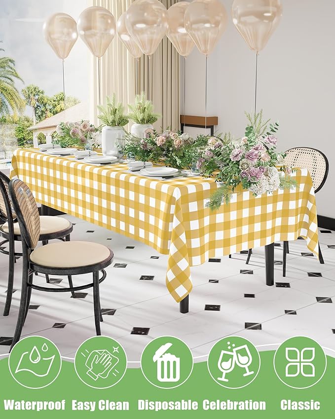 Smiry 8 Packs Gingham Disposable Table Cloth, 54 x 108 Inch Waterproof Plastic Tablecloth, Rectangle Gold and White CheckeGold Table Covers for Party, Birthday, Picnic, Banquet