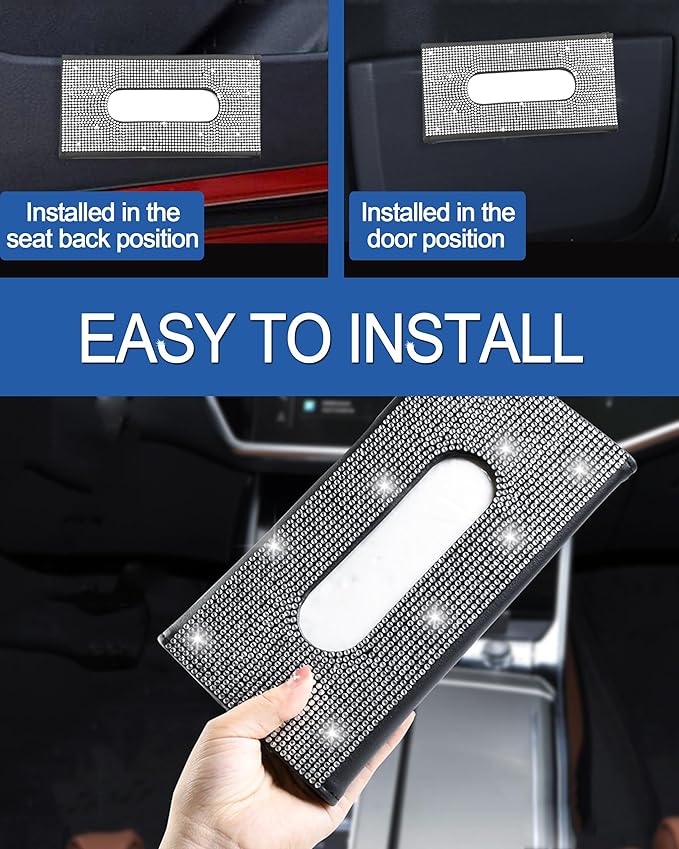 Bling Car Sun Visor Tissue Box Holder,PU Leather with Bling Crystal Rhinestones Tissue Holder,Car Accessories for Women (Black)