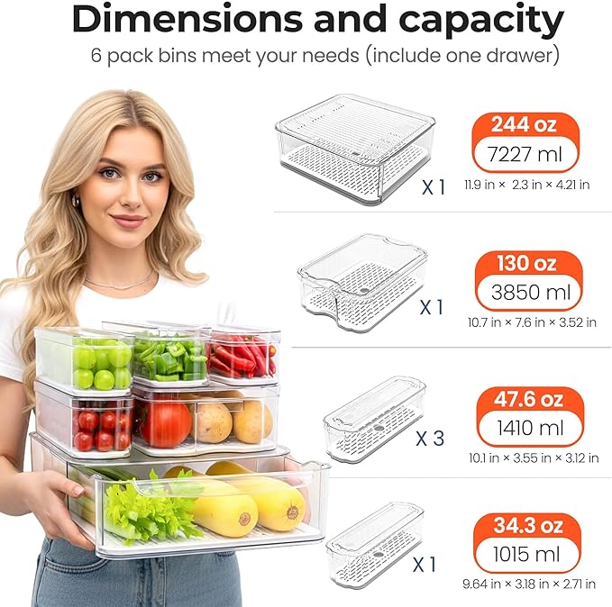 SMRCAD Refrigerator Organizers and Storage, 6 Pack with 1 Pull-Out Drawer and 5 Lidded Bins, Fruit Storage Containers for Fridge with Drain Trays, Helps Keep Produce Fresh