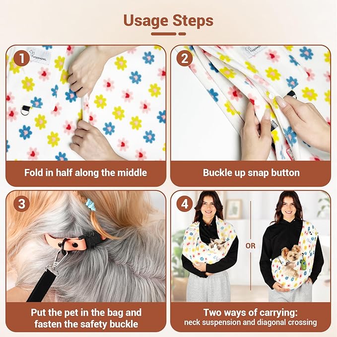 Hands-Free Cat Sling Carrier, Ultra-Soft Polar Fleece Pet Sling for Small Dogs & Cats 3-14 lbs, Machine Washable for Indoor Snuggling & Outdoor Use (Large, Daisy)