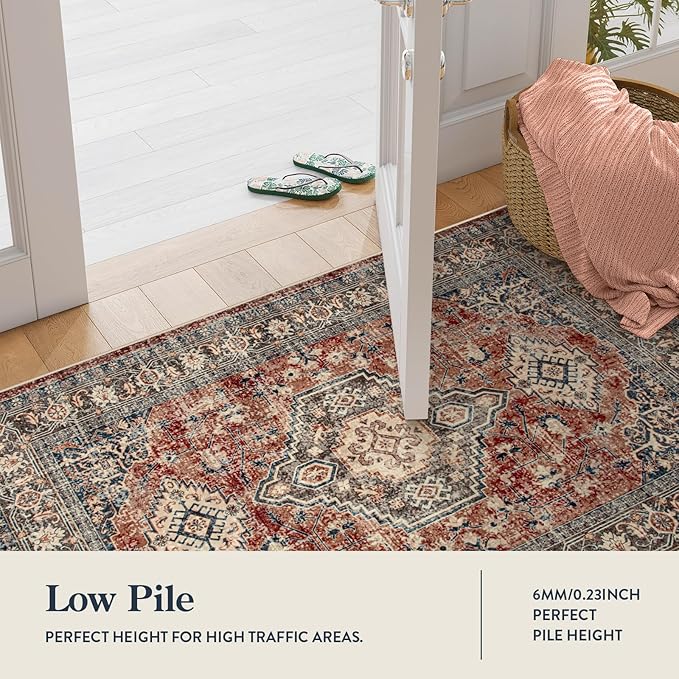 Lahome Oriental Washable Round Area Rug, Non-Slip Round Rugs 6ft Ultra-Thin, Soft Large Throw Circle Carpet for Living Room Bedroom Kitchen Nursery Eleanor, Brick Red