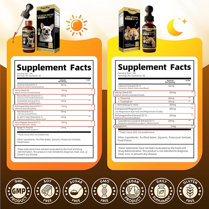 Dog Calming & Melatonin Drops, Day & Night Calm Support Set, Soothe Separation & Stress, Enhance Calmness & Sleep with Valerian Root, Ashwagandha, GABA, Melatonin, Chicken Flavor, 2 FL.Oz