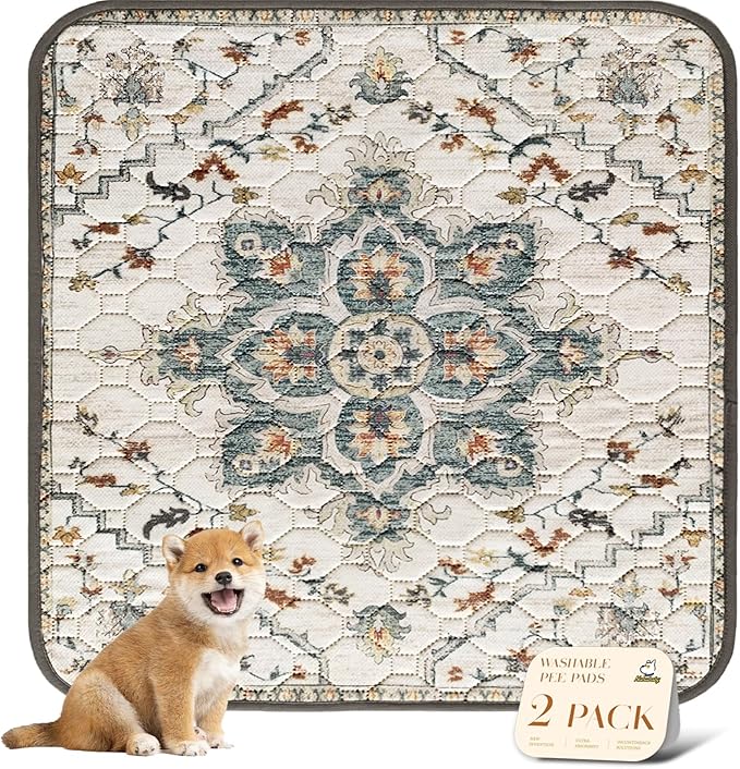 nunubaby Washable Pee Pads for Dogs, Stylish, Non-Slip and Leak-Proof Pee Pads. Reusable Potty Pads for Dogs for Crates and Floors.(Beige/Floral, 48" x48" )
