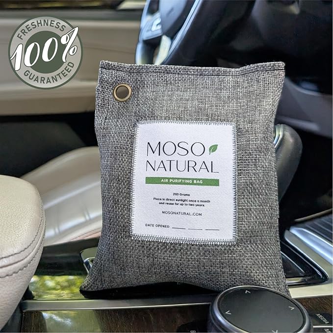 Moso Natural Air Purifying Bag 200g (4 Pack) | Premium Bamboo Charcoal Odor Absorber for Home & Car | Closet Odor Eliminator, Small Room Deodorizer & Car Air Freshener | Long Lasting Charcoal Bags
